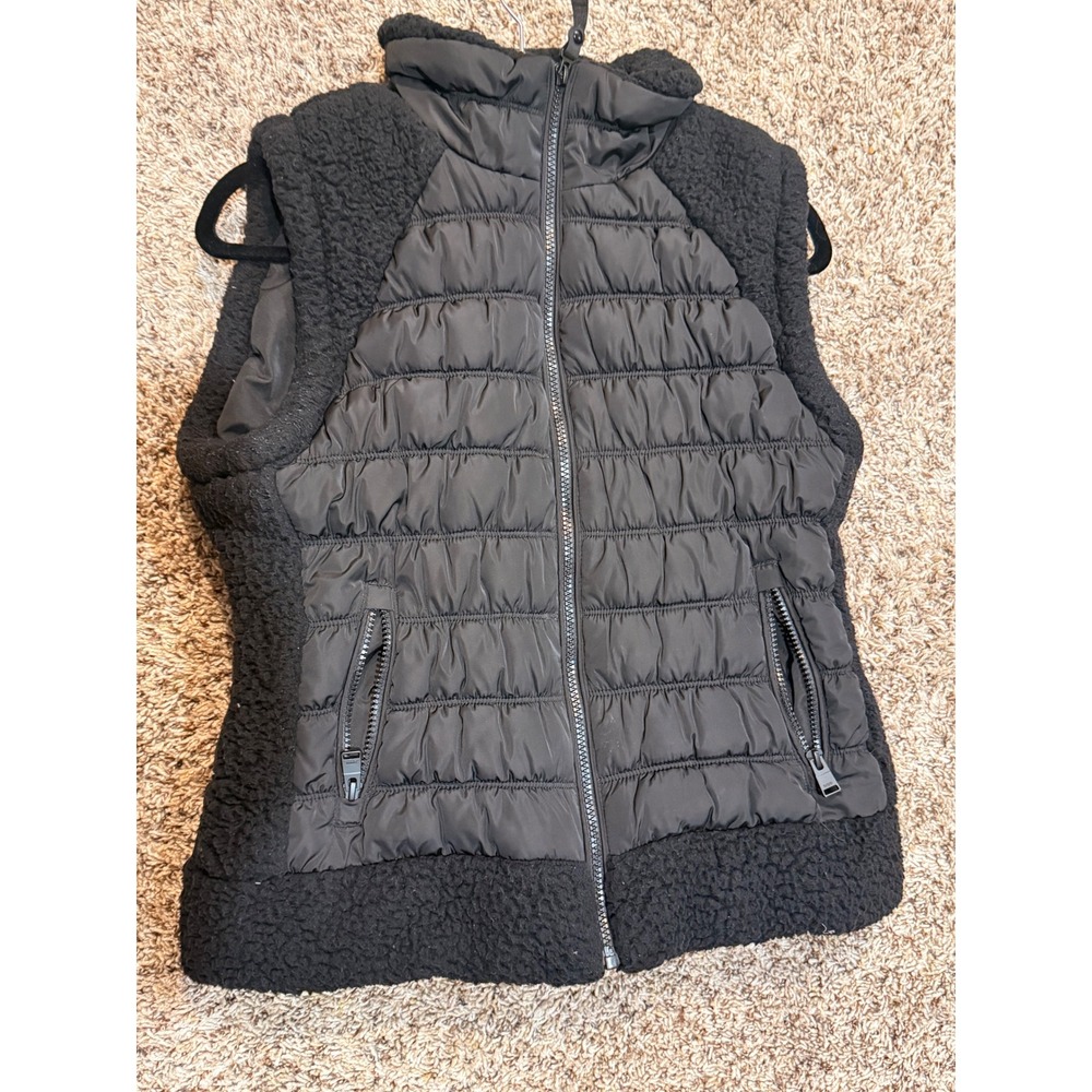 DKNY Sport Womens Black Puffer Vest Mixed Media Teddy Fleece Full Zip Medium